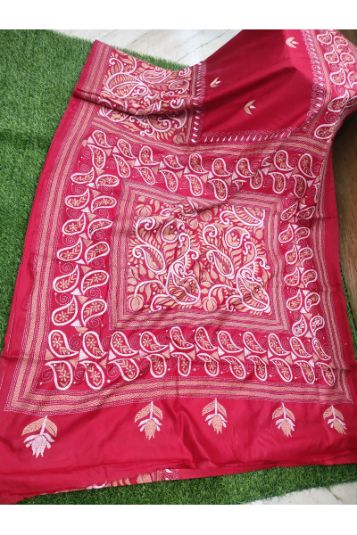 Pure Premium Quality Bangalor Silk Saree With All Hand Katha Stitch Design Work (KR1047)